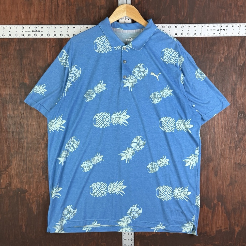 Puma Golf Performance Polo AOP Pineapple Print Stretch‎ Flex Blue Men's 2XL XXL